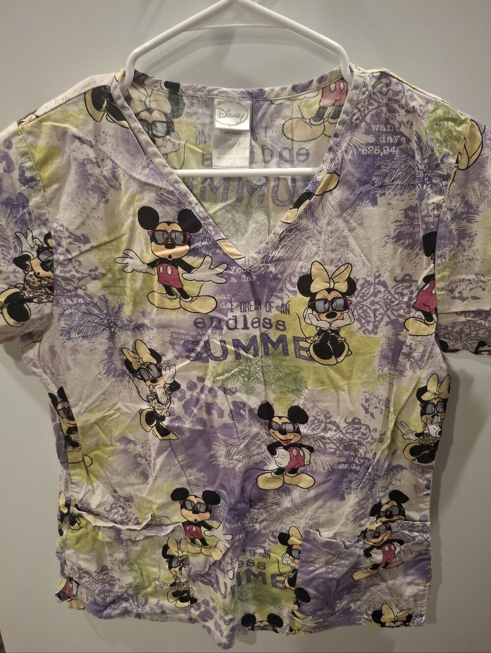 Disney Purple and Light Green Mickey & Minnie V-Neck Scrub Top